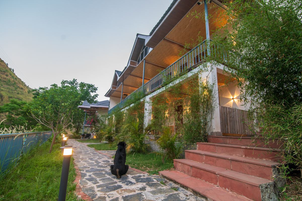 Stone pathway and garden entrance at dusk